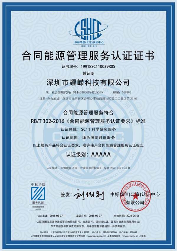 Contract Energy Management Service Certification Certificate