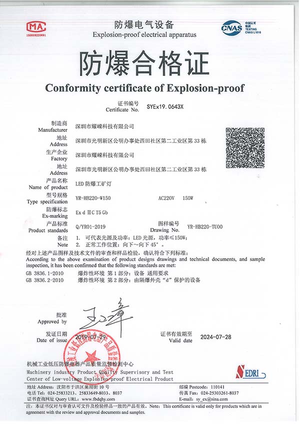 Explosion-proof certificate of explosion-proof electrical equipment